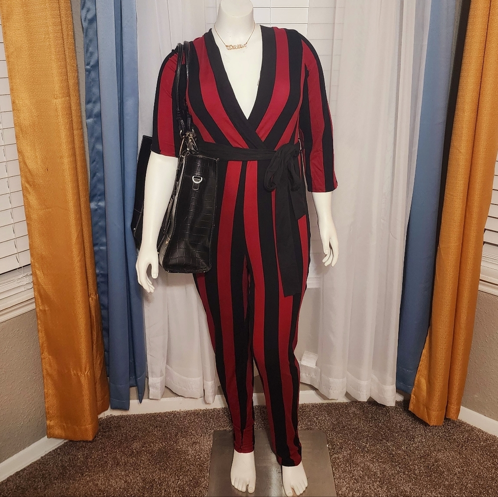 Striped  Long Sleeve Jumpsuit w/belt